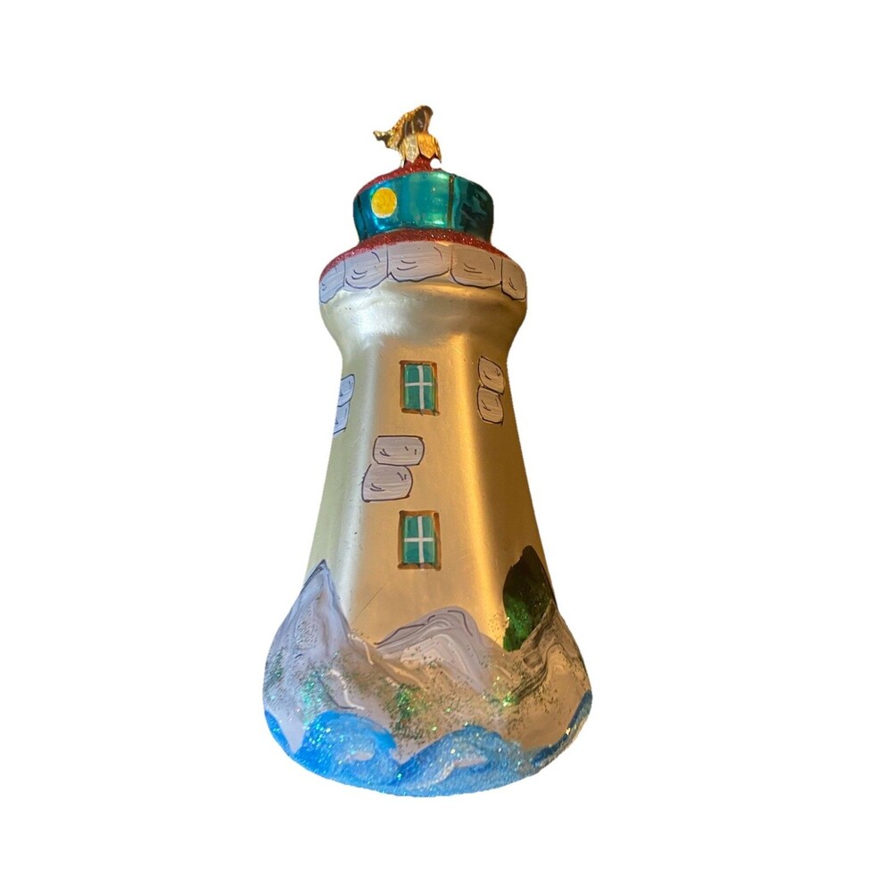 Christmas Ornament Lighthouse Ocean Silver Green Red Blue White